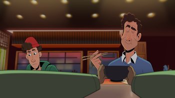 Movie still from “Night at the Museum: Kahmunrah Rises Again” (2022), directed by Justin Lovell – Two people sitting at a table with chopsticks in their hands; Medium shot, Overhead angle