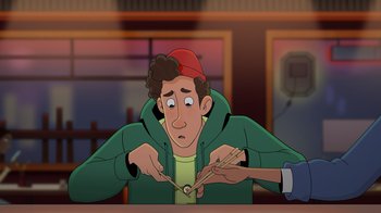 Movie still from “Night at the Museum: Kahmunrah Rises Again” (2022), directed by Justin Lovell – A cartoon of a man cutting his nails with scissors; Close Up shot, Overhead angle