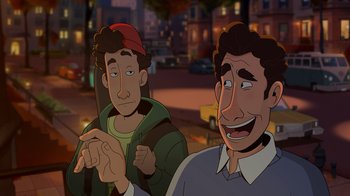 Movie still from “Night at the Museum: Kahmunrah Rises Again” (2022), directed by Justin Lovell – Two animated people are looking at the camera; Close Up shot, Over the shoulder angle