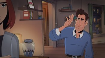 Movie still from “Night at the Museum: Kahmunrah Rises Again” (2022), directed by Justin Lovell – A man in a blue shirt is in a living room; Medium shot, High angle