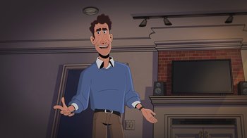 Movie still from “Night at the Museum: Kahmunrah Rises Again” (2022), directed by Justin Lovell – A man in a blue shirt is standing in a living room; Medium shot, Over the shoulder angle