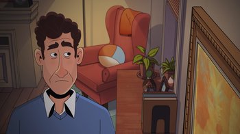 Movie still from “Night at the Museum: Kahmunrah Rises Again” (2022), directed by Justin Lovell – A man standing in a living room next to a chair; Medium shot, Over the shoulder angle