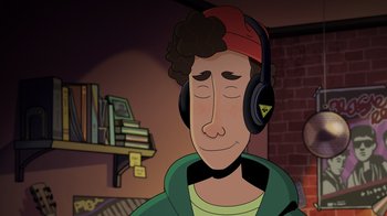 Movie still from “Night at the Museum: Kahmunrah Rises Again” (2022), directed by Justin Lovell – A cartoon of a person with headphones on; Close Up shot, Over the shoulder angle