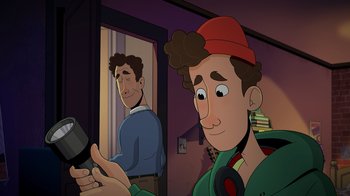 Movie still from “Night at the Museum: Kahmunrah Rises Again” (2022), directed by Justin Lovell – A cartoon of a man with a red hat looking at his phone; Medium shot, Over the shoulder angle