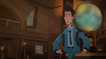 Movie still from “Night at the Museum: Kahmunrah Rises Again” (2022), directed by Justin Lovell – An animated man is standing in front of a globe; Medium shot, Overhead angle