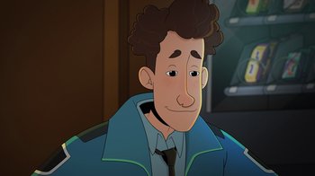 Movie still from “Night at the Museum: Kahmunrah Rises Again” (2022), directed by Justin Lovell – A cartoon of a man with curly brown hair and a blue jacket; Close Up shot, Overhead angle