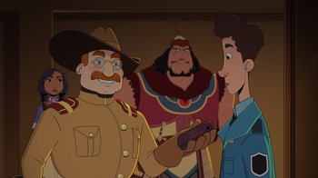 Movie still from “Night at the Museum: Kahmunrah Rises Again” (2022), directed by Justin Lovell – A group of men standing next to each other in a room; Medium shot, Over the shoulder angle