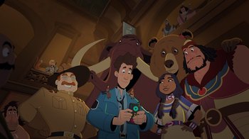 Movie still from “Night at the Museum: Kahmunrah Rises Again” (2022), directed by Justin Lovell – A group of people standing next to each other in a room; Medium shot, Overhead angle