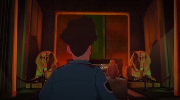 Movie still from “Night at the Museum: Kahmunrah Rises Again” (2022), directed by Justin Lovell – A man sitting in front of a fireplace; Medium shot, Over the shoulder angle