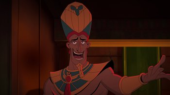 Movie still from “Night at the Museum: Kahmunrah Rises Again” (2022), directed by Justin Lovell – A character from the disney movie aladdin; Medium shot, Over the shoulder angle