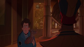 Movie still from “Night at the Museum: Kahmunrah Rises Again” (2022), directed by Justin Lovell – An animated picture of a man holding a bag of money; Medium shot, Over the shoulder angle