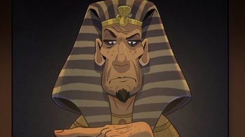 Movie still from “Night at the Museum: Kahmunrah Rises Again” (2022), directed by Justin Lovell – An egyptian man with a beard is wearing a headdress; Extreme Close Up shot, Low angle