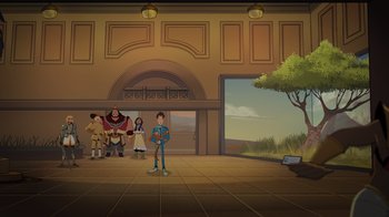 Movie still from “Night at the Museum: Kahmunrah Rises Again” (2022), directed by Justin Lovell – An illustration of a man standing in front of a group of people in front of a building; Extreme Wide shot, High angle