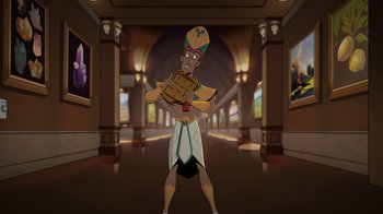 Movie still from “Night at the Museum: Kahmunrah Rises Again” (2022), directed by Justin Lovell – An animated character is standing in a hallway; Medium shot, Low angle