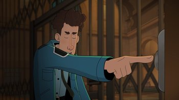 Movie still from “Night at the Museum: Kahmunrah Rises Again” (2022), directed by Justin Lovell – A man in a blue jacket is pointing to the left; Medium shot, Over the shoulder angle