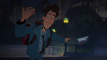 Movie still from “Night at the Museum: Kahmunrah Rises Again” (2022), directed by Justin Lovell – A man pointing to a subway sign at night time; Medium shot, Low angle