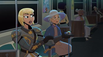 Movie still from “Night at the Museum: Kahmunrah Rises Again” (2022), directed by Justin Lovell – Two cartoon characters on a subway train; Medium shot, Over the shoulder angle