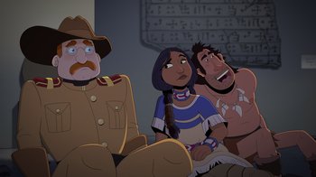 Movie still from “Night at the Museum: Kahmunrah Rises Again” (2022), directed by Justin Lovell – An animated scene of a man , woman , and a soldier; Medium shot, Over the shoulder angle
