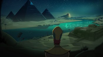 Movie still from “Night at the Museum: Kahmunrah Rises Again” (2022), directed by Justin Lovell – An animated scene of a desert with pyramids in the background; Extreme Wide shot, High angle