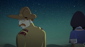 Movie still from “Night at the Museum: Kahmunrah Rises Again” (2022), directed by Justin Lovell – An animated picture of a man wearing a hat; Close Up shot, Low angle
