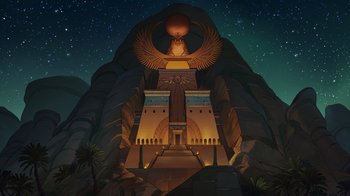 Movie still from “Night at the Museum: Kahmunrah Rises Again” (2022), directed by Justin Lovell – An illustration of an ancient egyptian temple with an eagle on top; Extreme Wide shot, Low angle