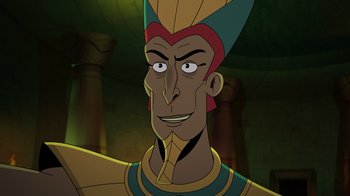 Movie still from “Night at the Museum: Kahmunrah Rises Again” (2022), directed by Justin Lovell – An animated picture of an egyptian character; Close Up shot, Low angle