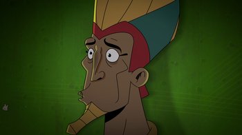Movie still from “Night at the Museum: Kahmunrah Rises Again” (2022), directed by Justin Lovell – An animated face of a man with a hat on his head; Close Up shot, Low angle
