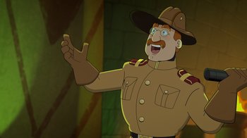 Movie still from “Night at the Museum: Kahmunrah Rises Again” (2022), directed by Justin Lovell – An animated picture of a man in a uniform; Medium shot, Over the shoulder angle