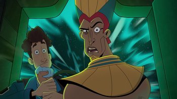 Movie still from “Night at the Museum: Kahmunrah Rises Again” (2022), directed by Justin Lovell – An image of an animated character in a cartoon style; Close Up shot, Over the shoulder angle