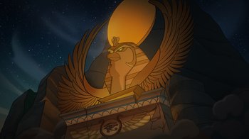 Movie still from “Night at the Museum: Kahmunrah Rises Again” (2022), directed by Justin Lovell – An egyptian statue of a sphinx with wings spread; Extreme Wide shot, Low angle