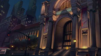 Movie still from “Night at the Museum: Kahmunrah Rises Again” (2022), directed by Justin Lovell – An illustration of the entrance to the museum of natural history; Extreme Wide shot, Low angle