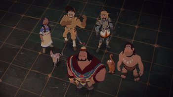 Movie still from “Night at the Museum: Kahmunrah Rises Again” (2022), directed by Justin Lovell – A group of people standing next to each other on the ground; Wide shot, Overhead angle