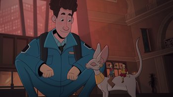 Movie still from “Night at the Museum: Kahmunrah Rises Again” (2022), directed by Justin Lovell – An animated character is petting a rabbit; Medium shot, Over the shoulder angle