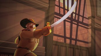 Movie still from “Night at the Museum: Kahmunrah Rises Again” (2022), directed by Justin Lovell – An animated character is holding a sword in his hand; Wide shot, Low angle
