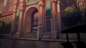 Movie still from “Night at the Museum: Kahmunrah Rises Again” (2022), directed by Justin Lovell – An animated picture of a building with a street light; Extreme Wide shot, Low angle