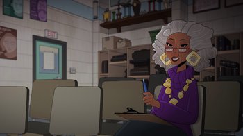 Movie still from “Night at the Museum: Kahmunrah Rises Again” (2022), directed by Justin Lovell – An animated woman is holding a pen in her hand; Medium shot, Over the shoulder angle