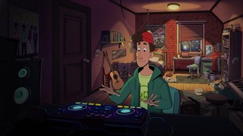 Movie still from “Night at the Museum: Kahmunrah Rises Again” (2022), directed by Justin Lovell – A cartoon of a man sitting in front of a table with a guitar; Wide shot, Overhead angle