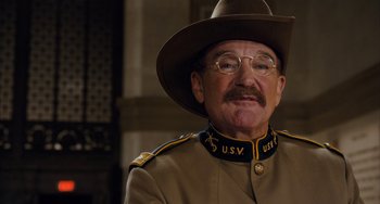 Movie still from “Night at the Museum: Secret of the Tomb” (2014), directed by Shawn Levy – An older man in a uniform and a hat; Close Up shot, Over the shoulder angle