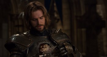 Movie still from “Night at the Museum: Secret of the Tomb” (2014), directed by Shawn Levy – A person wearing a suit of armor; Close Up shot, Over the shoulder angle