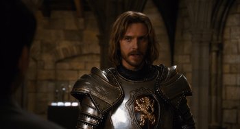 Movie still from “Night at the Museum: Secret of the Tomb” (2014), directed by Shawn Levy – A person wearing a suit of armor; Close Up shot, Over the shoulder angle