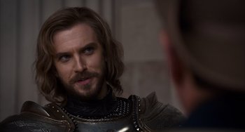 Movie still from “Night at the Museum: Secret of the Tomb” (2014), directed by Shawn Levy – A person wearing a suit of armor; Close Up shot, Over the shoulder angle