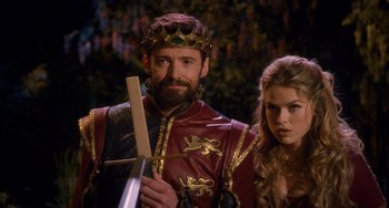 Movie still from “Night at the Museum: Secret of the Tomb” (2014), directed by Shawn Levy – A man and a woman dressed in medieval clothing; Medium shot, Over the shoulder angle