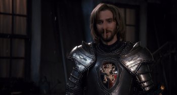 Movie still from “Night at the Museum: Secret of the Tomb” (2014), directed by Shawn Levy – A person wearing a suit of armor; Close Up shot, Over the shoulder angle