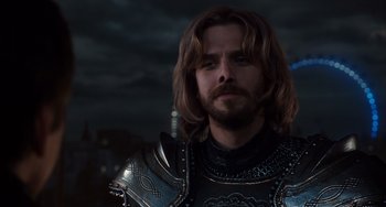 Movie still from “Night at the Museum: Secret of the Tomb” (2014), directed by Shawn Levy – A person wearing a suit of armor; Close Up shot, Over the shoulder angle