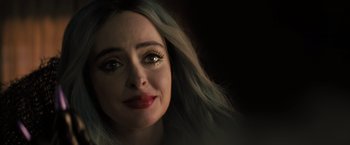 Movie still from “Nightbooks” (2021), directed by David Yarovesky – A person with long hair; Close Up shot, Over the shoulder angle