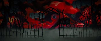 Movie still from “Nightbooks” (2021), directed by David Yarovesky – A painting of a black hole in a red sky; Extreme Wide shot, Low angle