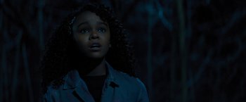Movie still from “Nightbooks” (2021), directed by David Yarovesky – A young girl is looking up in the dark; Close Up shot, Low angle