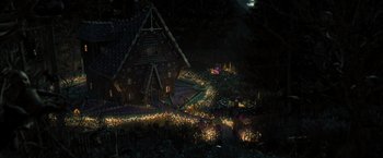 Movie still from “Nightbooks” (2021), directed by David Yarovesky – An image of a night scene with a house in the background; Extreme Wide shot, High angle