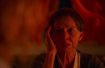 Movie still from “Nitram” (2021), directed by Justin Kurzel – An older woman is sitting in front of a painting; Close Up shot, High angle