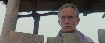 Movie still from “No Escape” (1994), directed by Martin Campbell – An older man with a gray beard looking over a wall; Close Up shot, Low angle